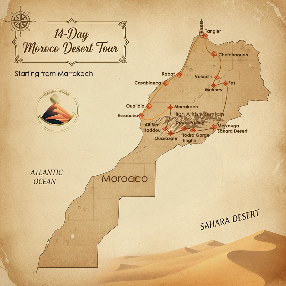 A route map of a 14-day Morocco desert tour starting from Marrakech, showing the itinerary through the Atlas Mountains to the Sahara desert at Merzouga, north to the imperial city of Fes, then to Chefchaouen, Rabat, and Essaouira before returning to Marrakech.