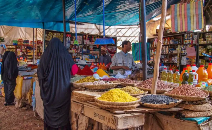 woman near spice seller in Rissani Souk Morocco Market
