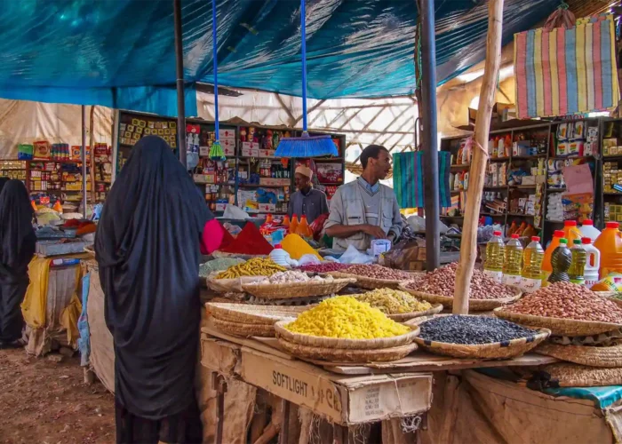 woman near spice seller in Rissani Souk Morocco Market