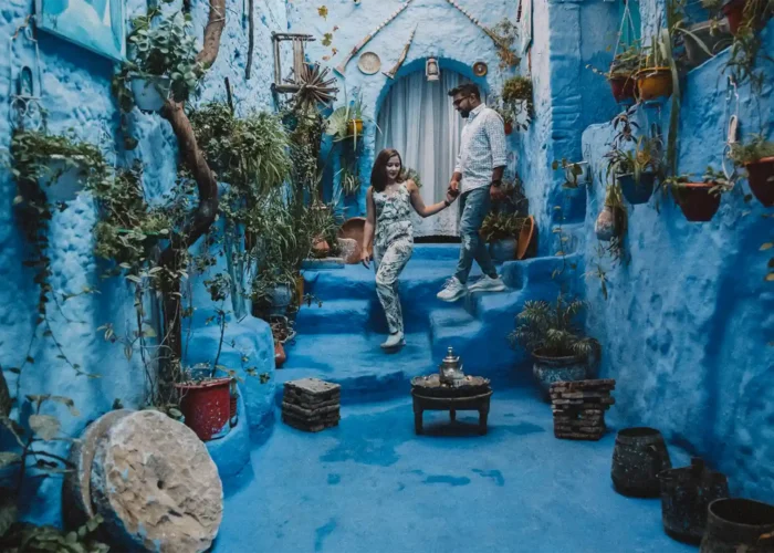 The stunning blue streets of Chefchaouen, a highlight of any morocco 7 day itinerary.