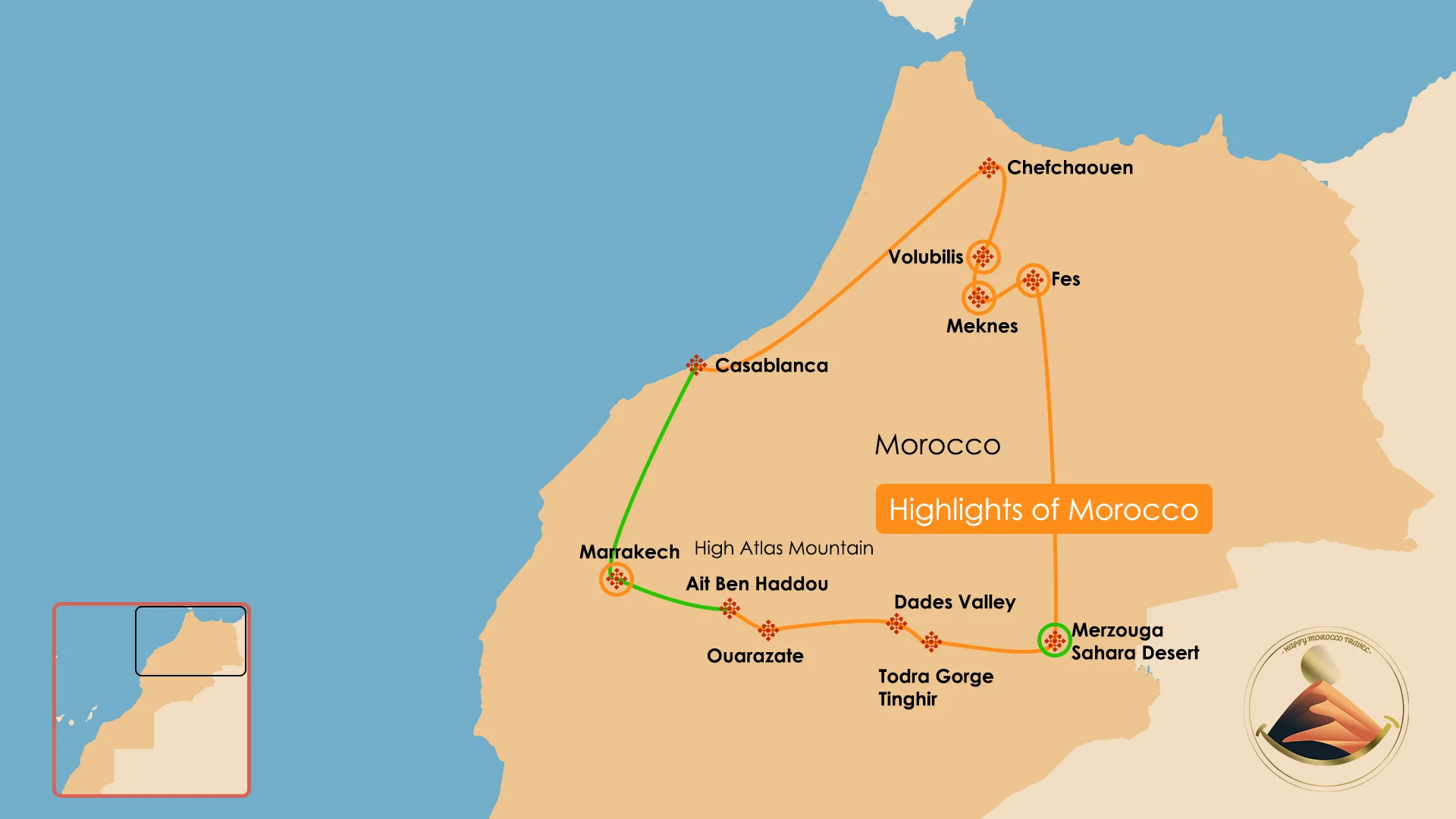 A detailed map showing the route for a 10-day Morocco itinerary from Casablanca.