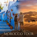 A traveler looking at the Sahara dunes and Chefchaouen, representing the 6 days in Morocco itinerary starting from Casablanca.