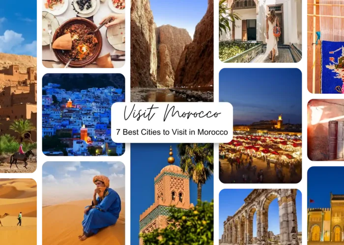 A photo collage of the best cities to visit in Morocco, showing the blue streets of Chefchaouen, Djemaa el-Fna in Marrakech, and the Fes tanneries.