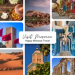 A photo grid of the best places to visit in Morocco, including a blue street in Chefchaouen, the Djemaa el-Fna square in Marrakech, and the Sahara desert.