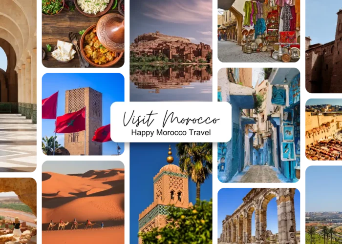 A photo grid of the best places to visit in Morocco, including a blue street in Chefchaouen, the Djemaa el-Fna square in Marrakech, and the Sahara desert.