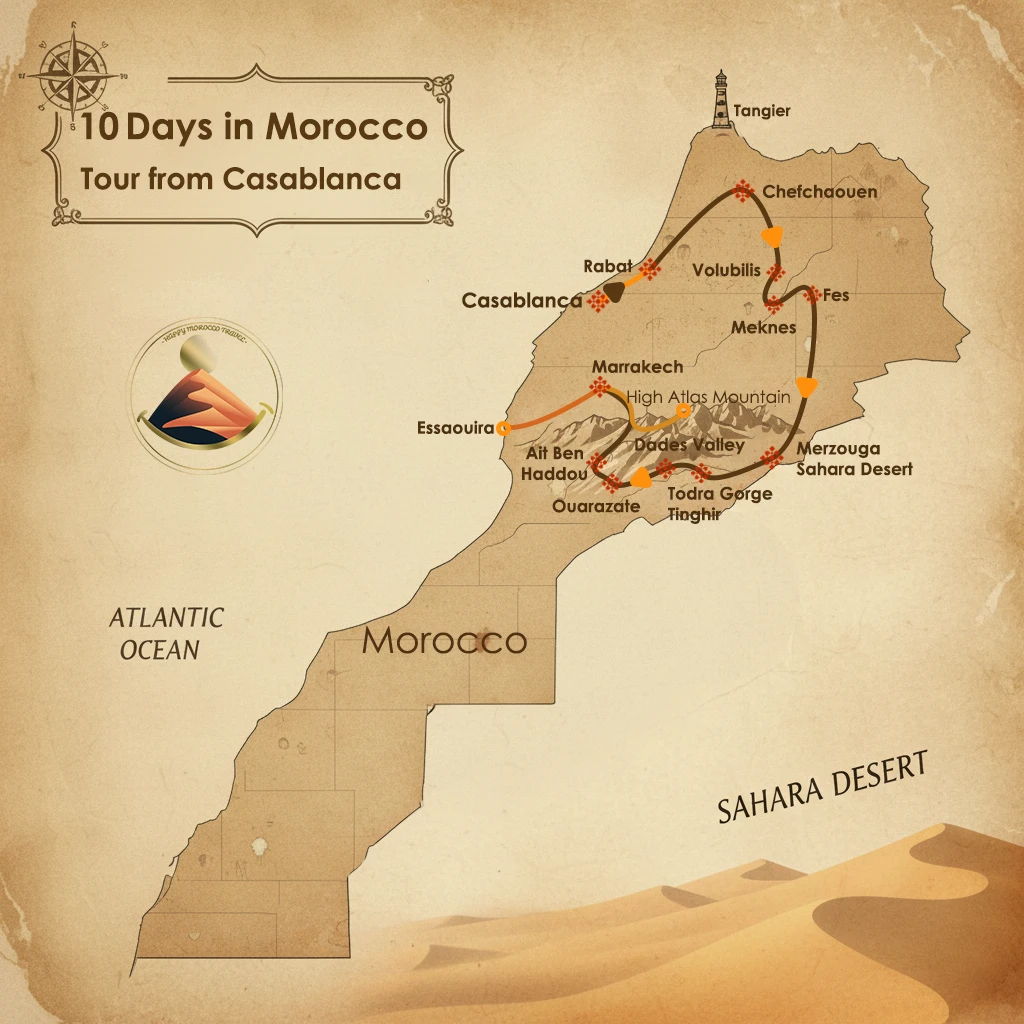 The map of 10 Days Morocco Tour from Casablanca