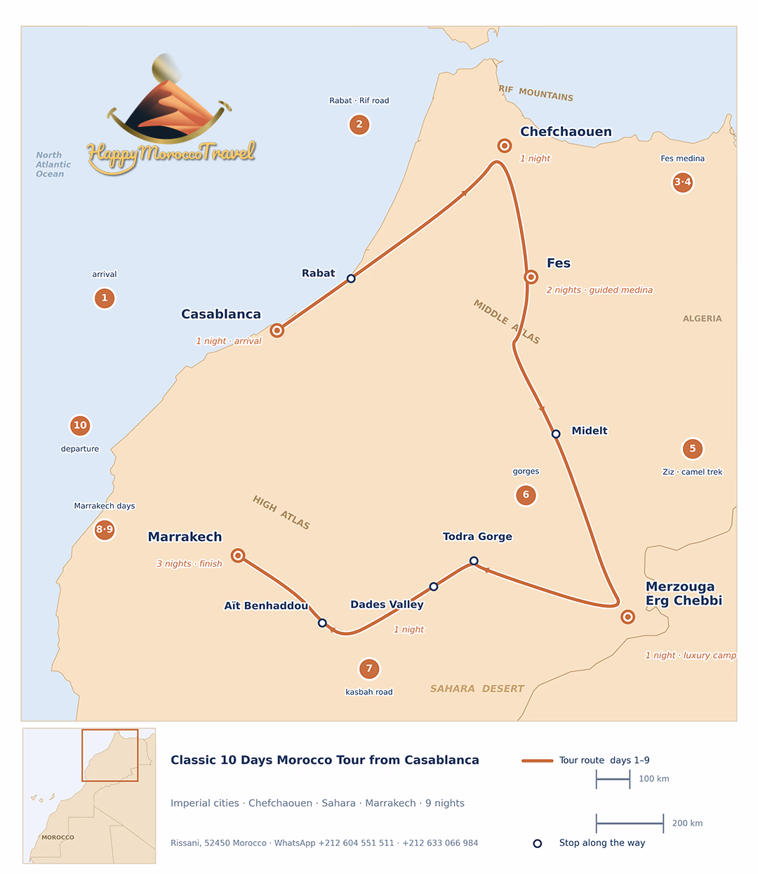 Map of the classic 10-day Morocco tour from Casablanca, taking in Rabat, Chefchaouen, Fes, the Ziz Valley, Erg Chebbi, Todra Gorge, the Dades Valley and Marrakech