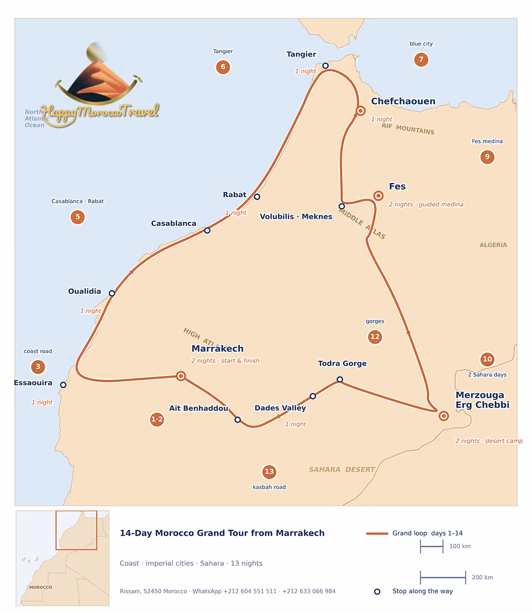 Map of the 14-day Morocco grand tour, a full loop from Marrakech taking in Essaouira, Oualidia, Casablanca, Rabat, Tangier, Chefchaouen, Fes and the Sahara at Erg Chebbi