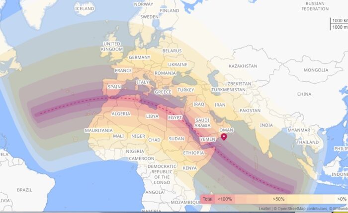 Map of the 2 August 2027 total solar eclipse path of totality crossing northern Morocco