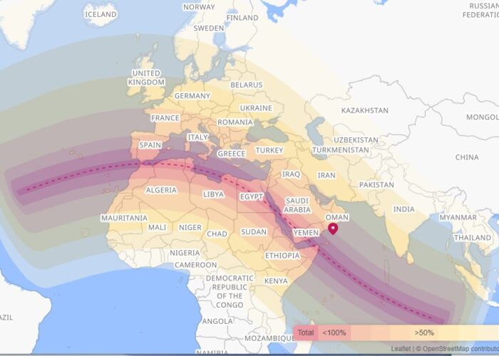 Map of the 2 August 2027 total solar eclipse path of totality crossing northern Morocco